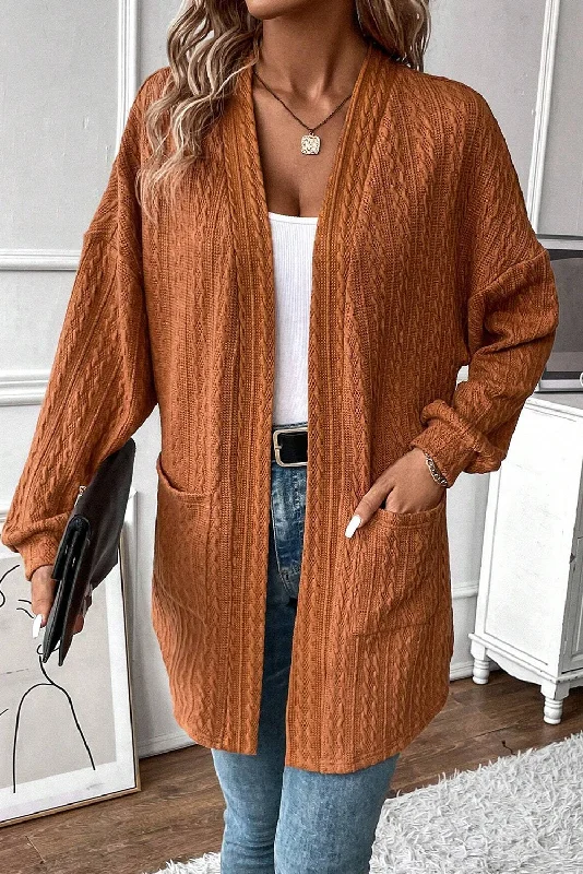 Sports Vitality Style Chestnut Textured Knit Side Pockets Open Front Cardigan
