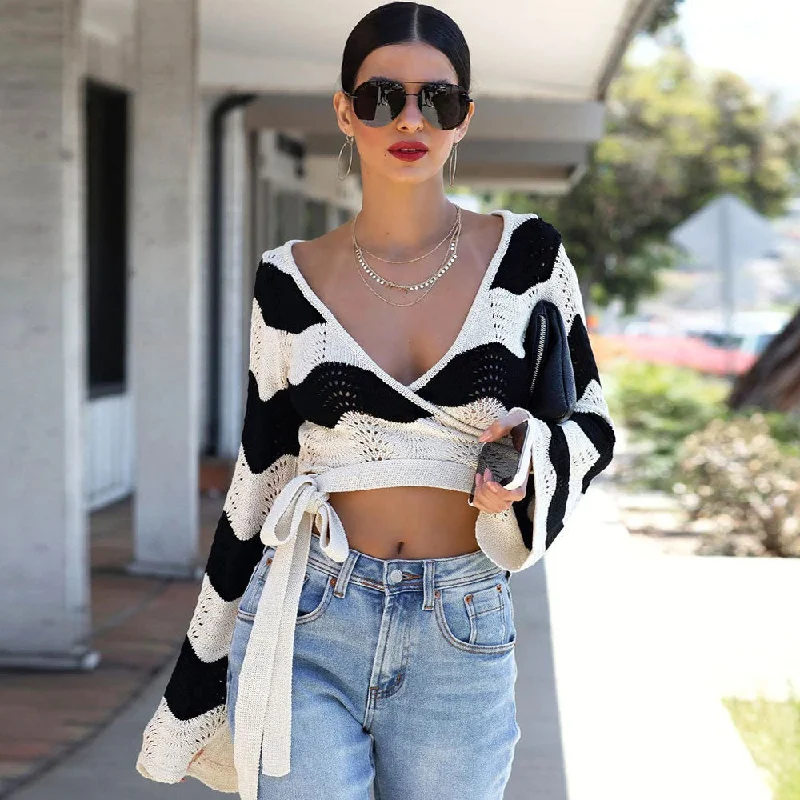 Luxe Comfort Chic Black Wavy Striped Print Crochet Pointelle Knit Cropped Wrap Cardigan