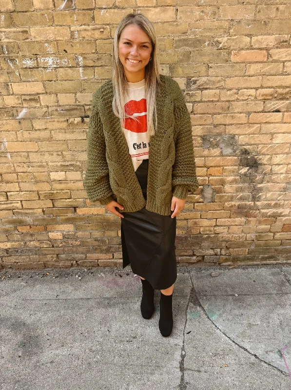 Cute Style Chunky Knit Cable Knit Cardigan-Olive