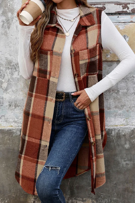 Stylish Comfort Cinnamon Mid Length Sleeveless Plaid Vest Jacket