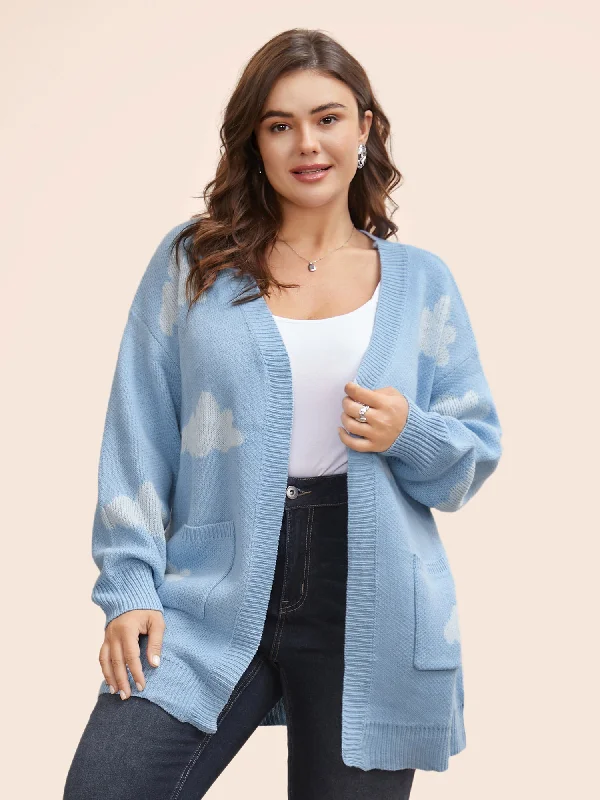 Street Casual Style Cloud Drop Shoulder Patch Pocket Cardigan