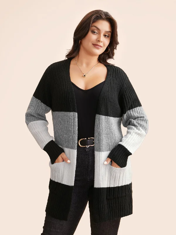 Comfortable Fashion Colorblock Contrast Patched Pocket Cardigan