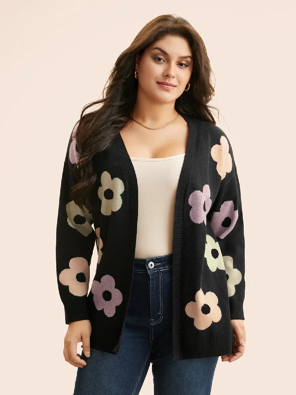 Sports Yoga Style Contrast Floral Drop Shoulder Cardigan