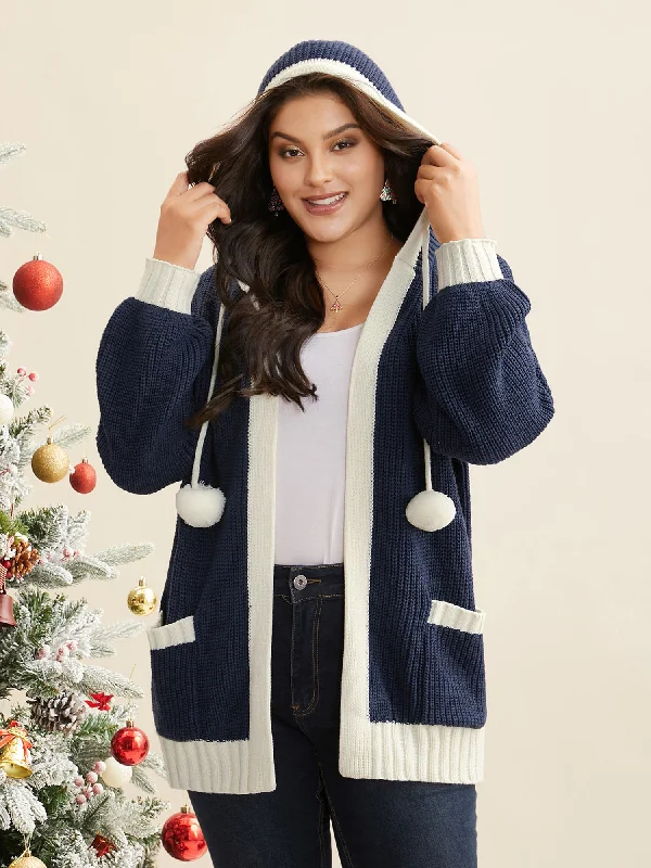 Light Comfort Contrast Hood Hemline Pockets Open Cardigan