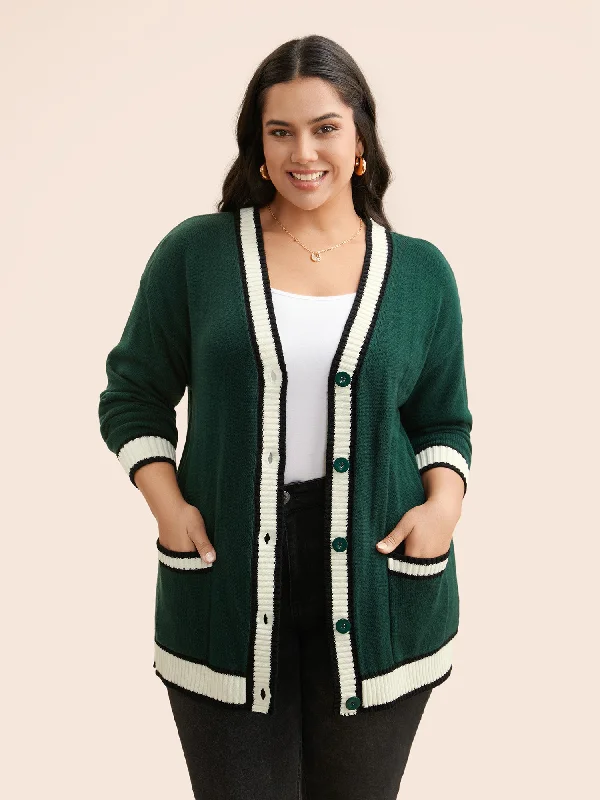 Cozy Shirts Contrast Trim Button Up Pocket Cardigan