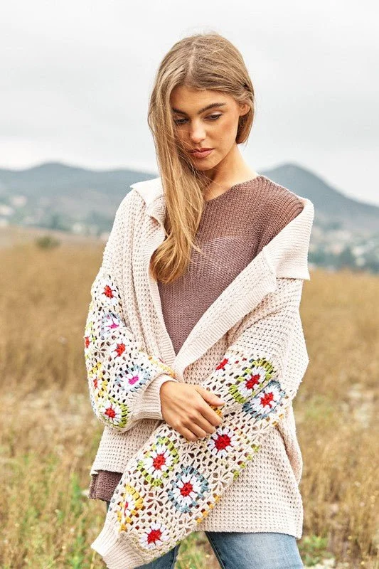 Free And Casual Crochet Floral Printed Long Sleeve Knit Cardigan *Online Only*