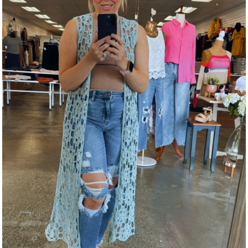Beautiful Romance Crochet Sleeveless Long Cardigan