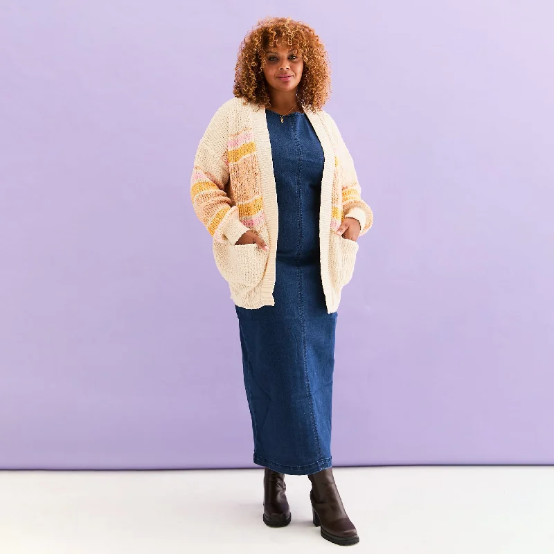 Sports fitness shoes Dani Recycled Cotton Blend Chunky Balloon Sleeve Stripe Cardigan - White Sports fitness shoes Dani Recycled Cotton Blend Chunky Balloon Sleeve Stripe Cardigan - White