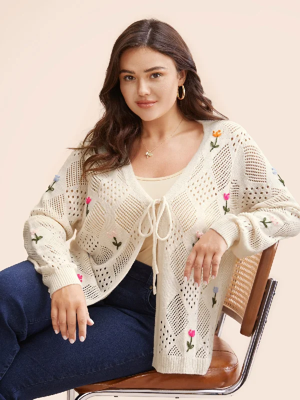 Sports Fitness Wear Floral Embroidered Cut Out Tie Knot Cardigan