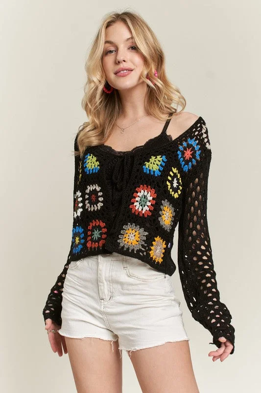 New Products FRONT TIE CROCHET CARDIGAN - BLACK