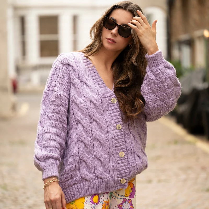 Affordable selection Gemma Basket Stitch Balloon Sleeve Chunky Knit Cardigan - Lilac