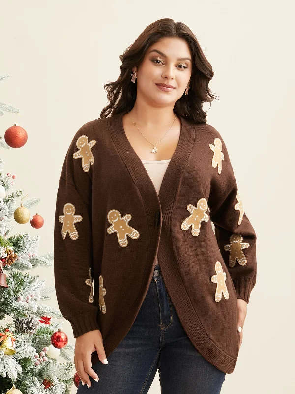 Leisure And Entertainment Gingerbread Motifs Arc Hem Button-Front Cardigan