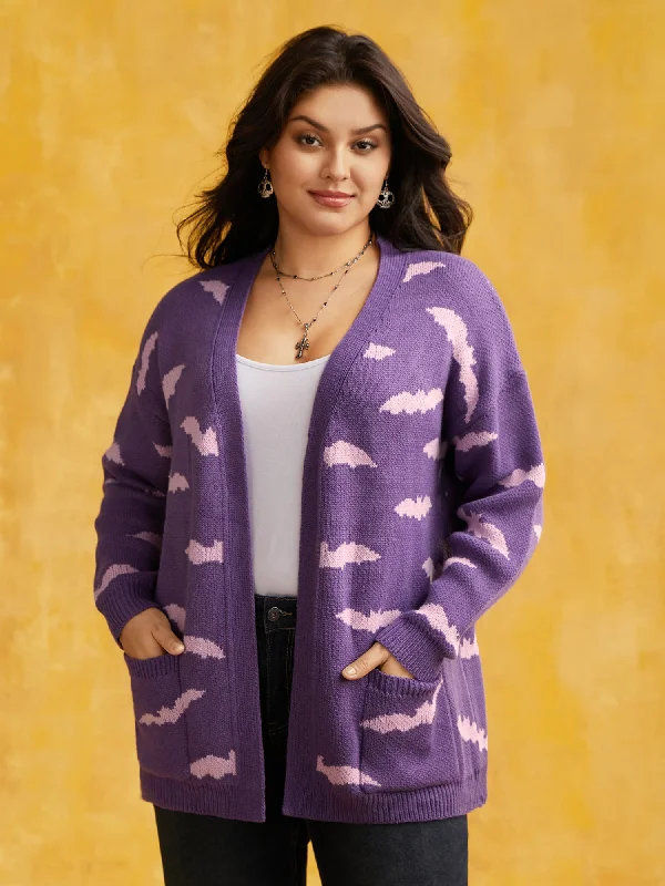 Simple Elegance Haunted Bats Printed Jacquard Cardigan - For Halloween