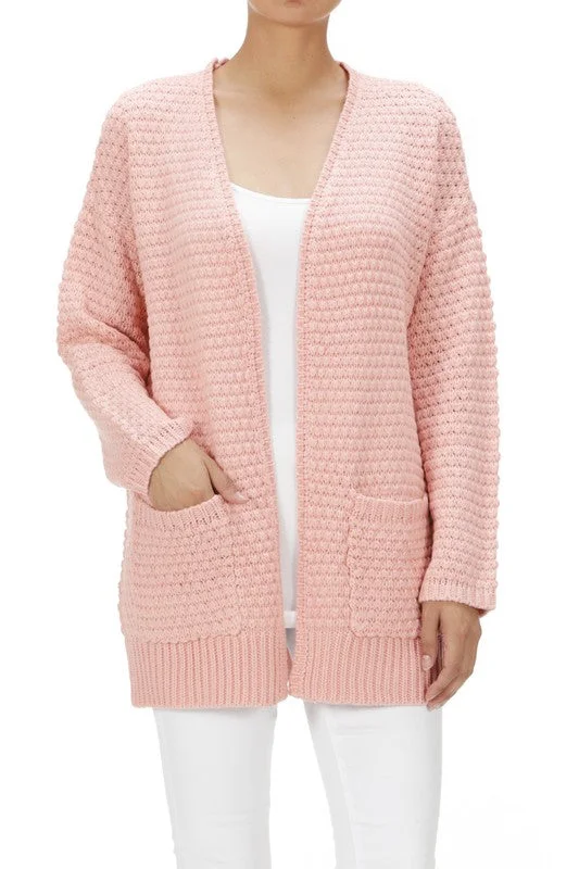 Single item design Yemak Women's Oversized Open Front Popcorn Knit Sweater Cardigan with Front Pockets HK8145
