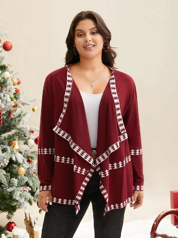 Comfort Fit Holiday Pattern Hem Lapel Collar Knit Cardigan