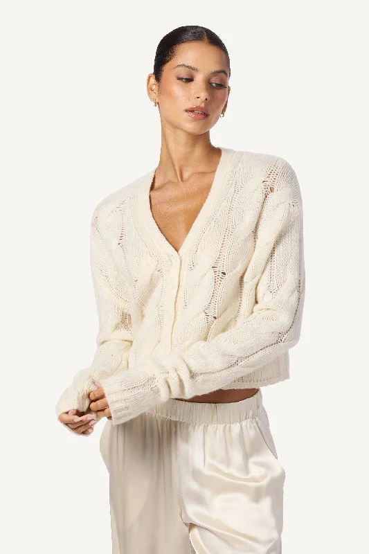 Luxury and fashionable JOLIE V-NECK CROPPED CABLE CASHMERE CARDIGAN   | GARDENIA