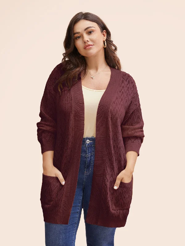 Sports Jumpsuit Kimono Collar Patch Pocket Pointelle Knit Cardigan