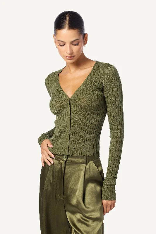 Skirt style LILIANA CASHMERE V-NECK RIBBED CARDIGAN | OLIVE