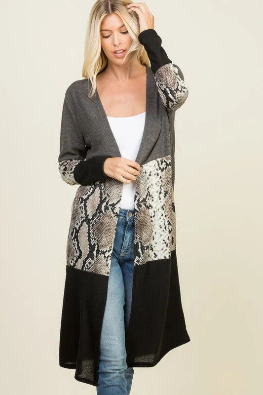 Innovative Design LONG SLEEVE SNAKE PATTERN COLOR BLOCK  LONG CARDIGAN