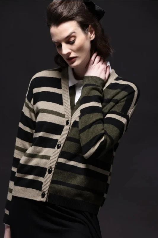 Single-shoulder Neck Design Minnie Rose Cashmere Striped Cardigan