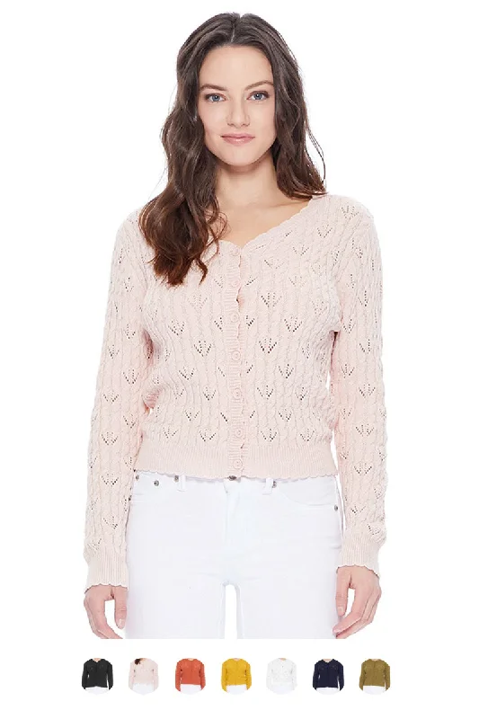 Stunning Fashion YEMAK Women's Pointelle Patterned V-Neck Scallop Hem Button Down Cardigan MK3659