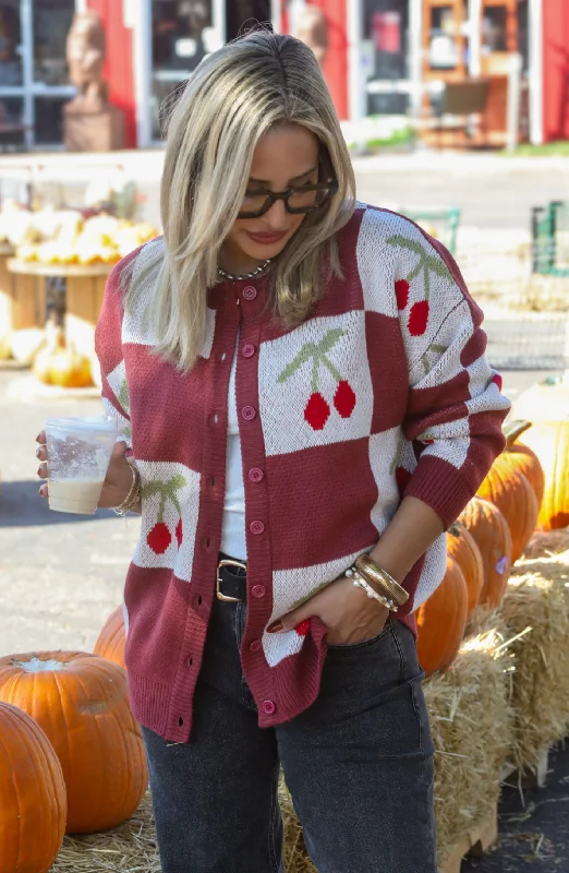 Smart Comfort My Sweet Cherry Checkered Sweater Cardigan