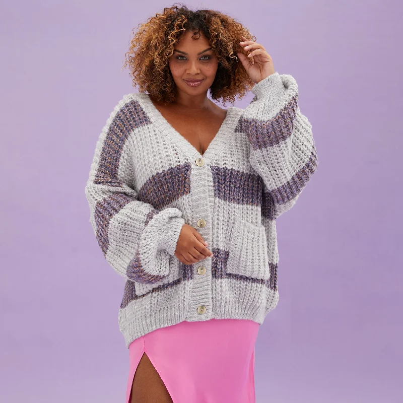 Printed pattern Olivia Stripe Chunky Cardigan with Buttons - Silver Grey