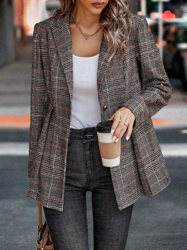 Cozy Look Plaid Button Up Lapel Collar Blazer
