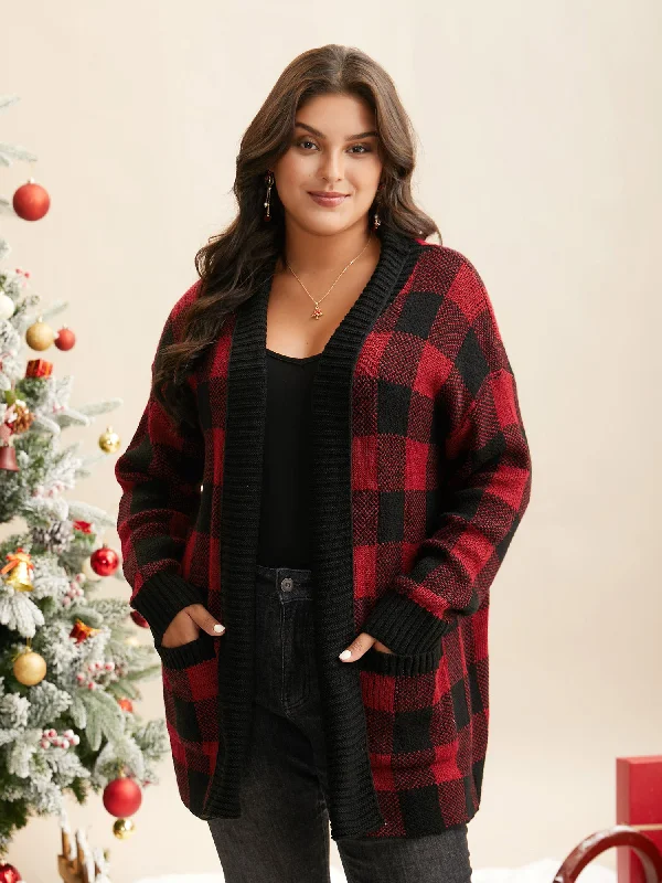 Soft Textures Plaid Pattern Ribbed Detailing Open Cardigan