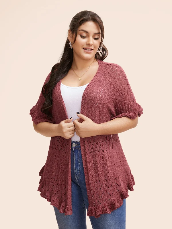Comfortable Looks Plain Ruffles Pointelle Knit Cardigan