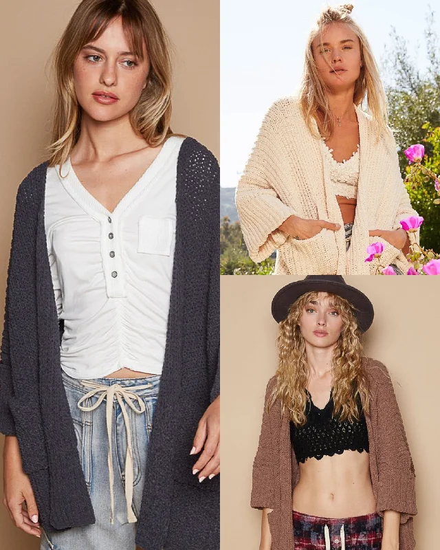 Short skirt design POL Long sleeve pockets solid sweater cardigan - Assorted Colors