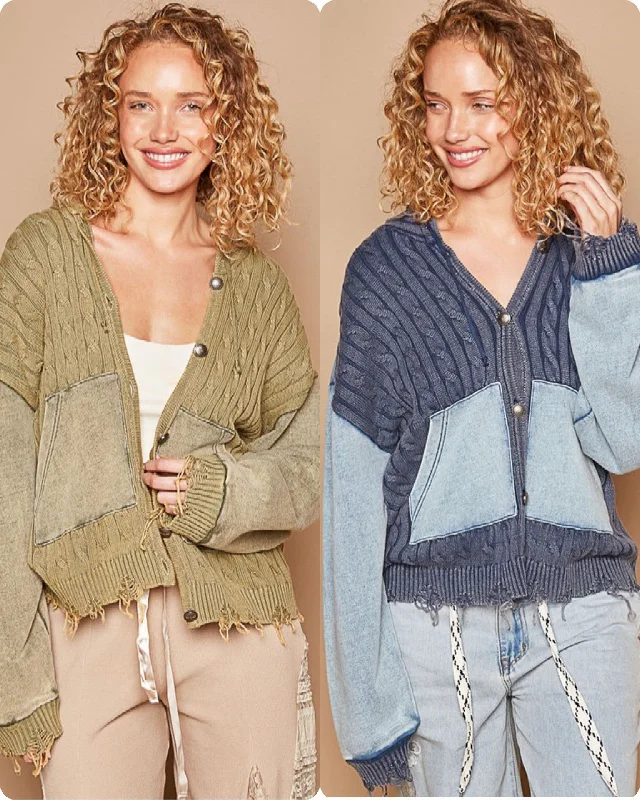 Sports outdoor style POL Vintage washed front pockets distressed cardigan - Blue Heather or Olive Sports outdoor style POL Vintage washed front pockets distressed cardigan - Blue Heather or Olive