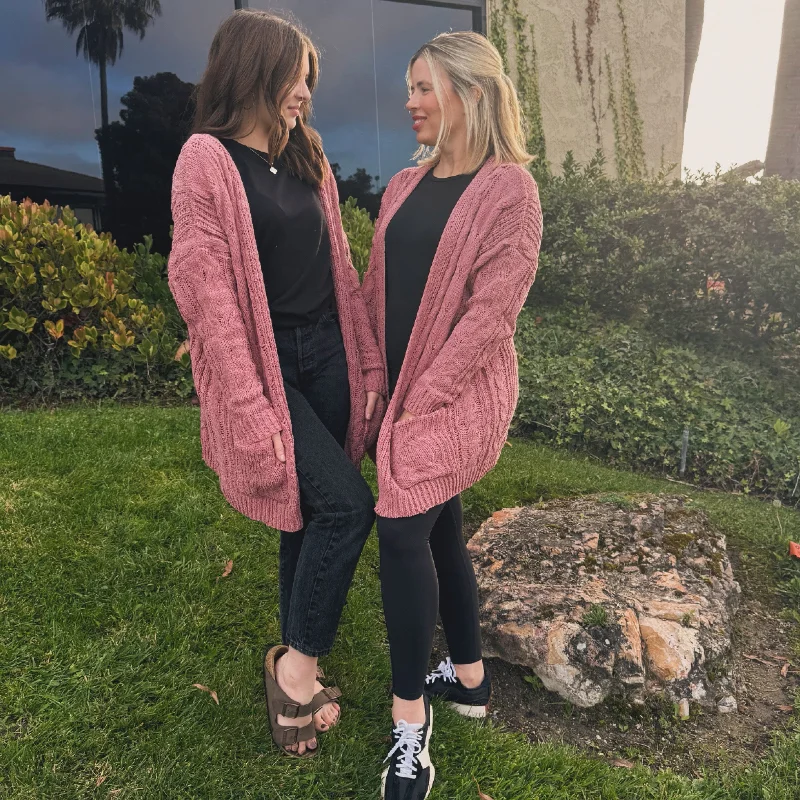 Leisure Travel Prettiest Of All Chenille Cable Knit Oversized Sweater Mauve