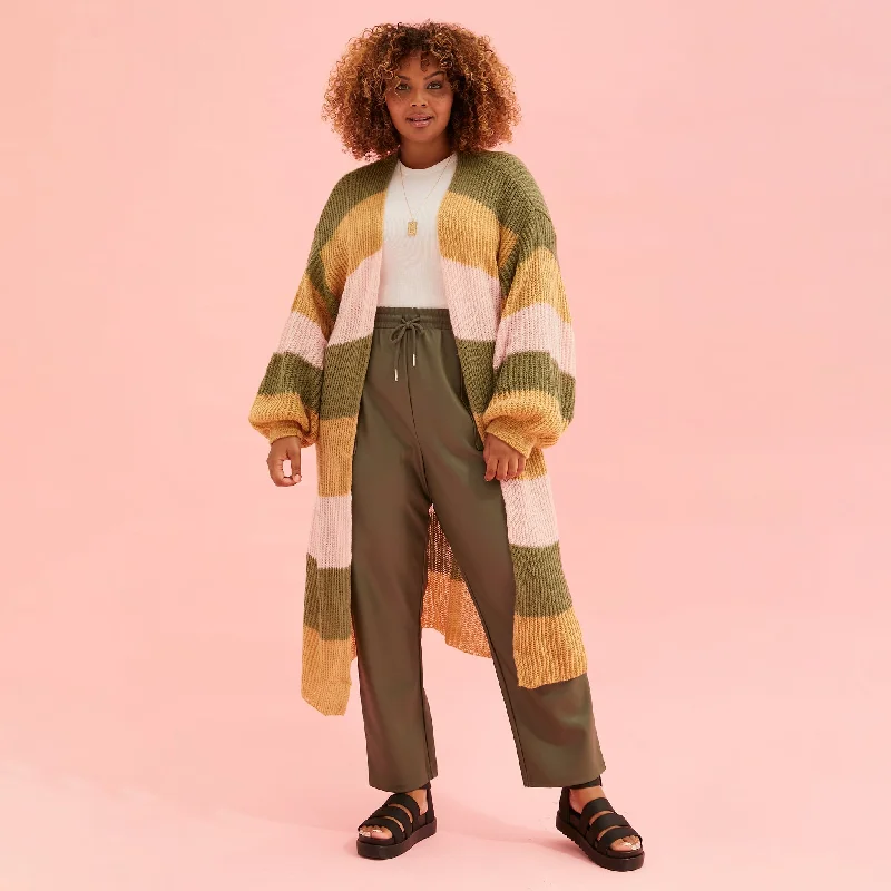 Round neck design Ricci Lightweight Maxi Stripe Cardigan - Camel