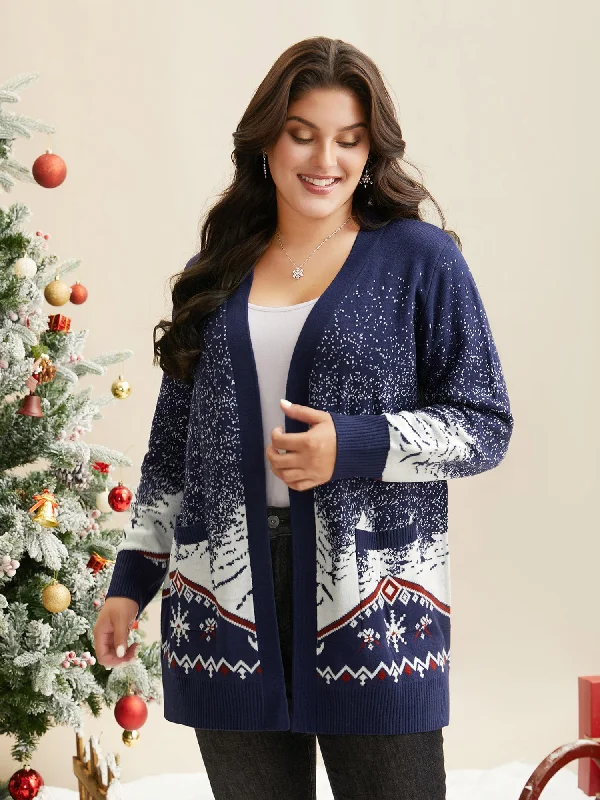 Street Fashion Style Snowy Trees Print V-neck Open Cardigan