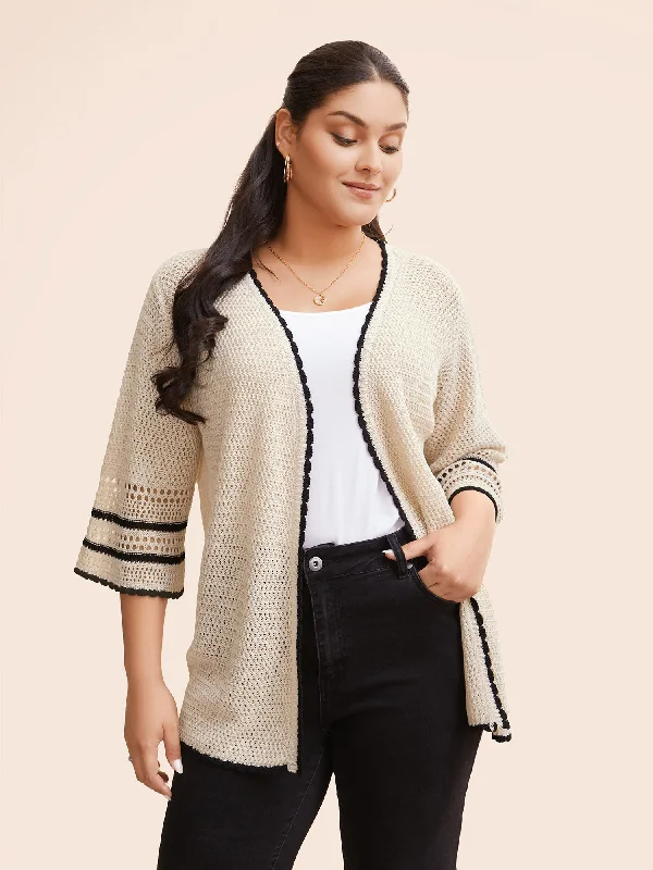 Relaxed Fashion Solid Contrast Trim Bell Sleeve Cardigan