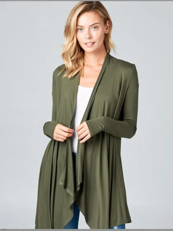 Noble Temperament SOLID RAYON JERSEY CASCADE CARDIGAN - OLIVE