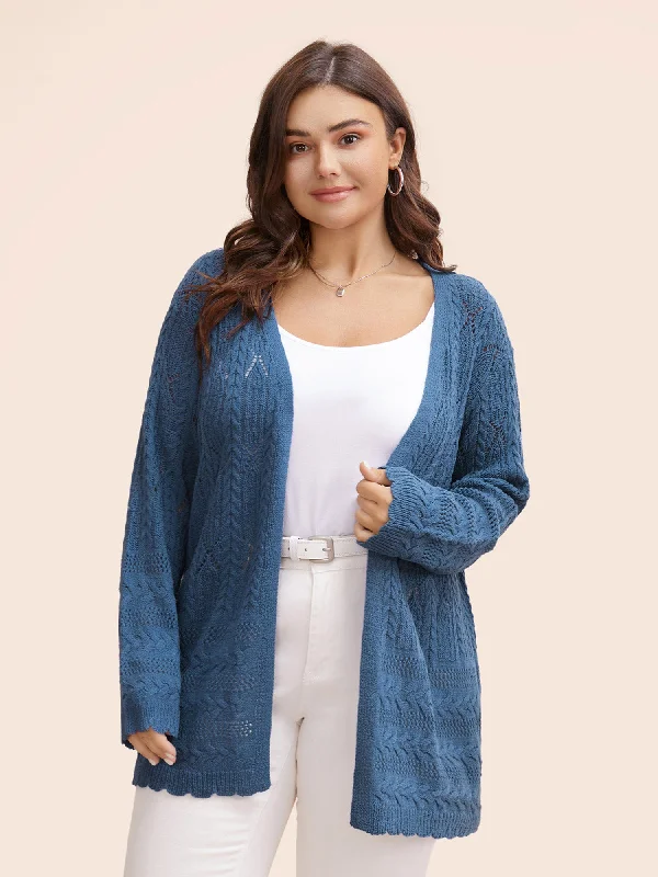 Trendy Comfort Solid Scalloped Trim Cable Knit Cardigan