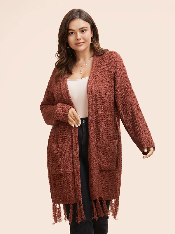 Cozy Layers Solid Tassel Trim Patched Pocket Cardigan