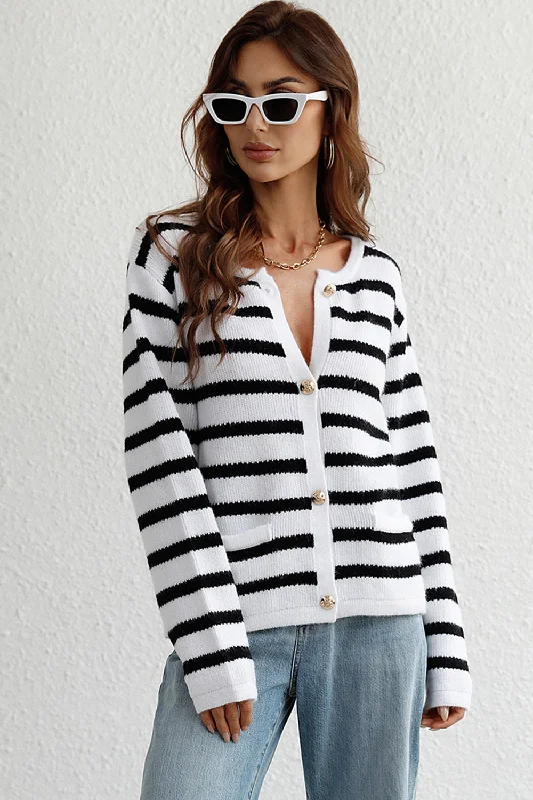Breathable Comfort Striped Button Down Long Sleeve Cardigan