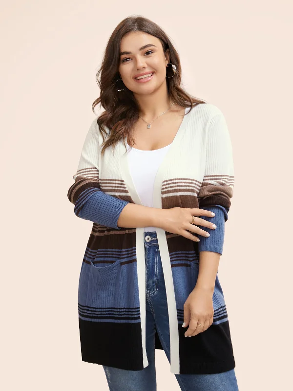 Easy Fashion Striped Contrast Wool Blend Patched Pocket Cardigan