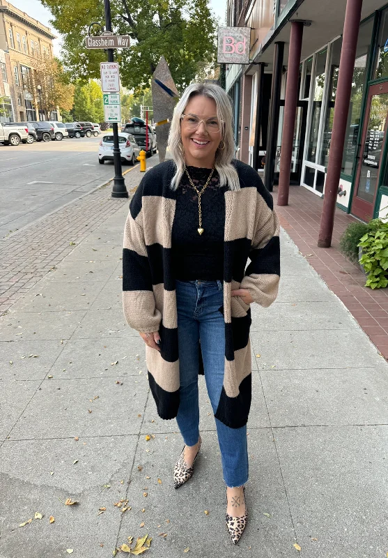 French Retro Striped Knit Knee Length Sweater Cardigan