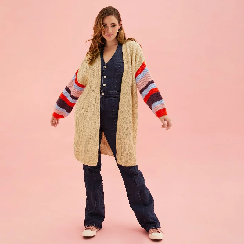 Energetic Suzie Stripe Sleeve Midi Knit Cardigan - Biscuit