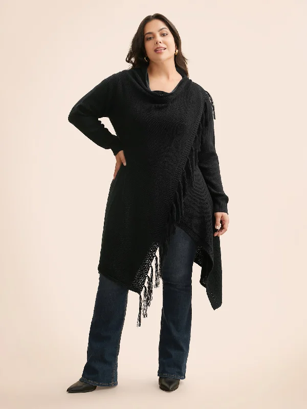 Cool Style Texture Tassel Trim Asymmetrical Hem Cardigan