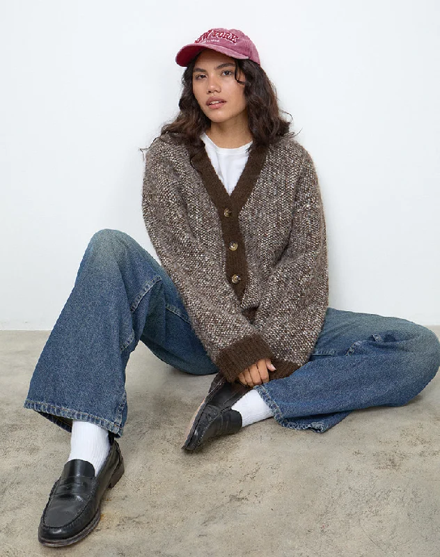 Stand-up collar design Ura Oversized Knitted Cardigan in Brown and Cream