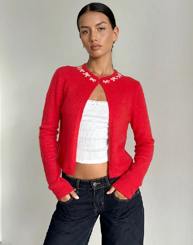 Wandering freely Wunara Cardigan in Red with Pink Bows