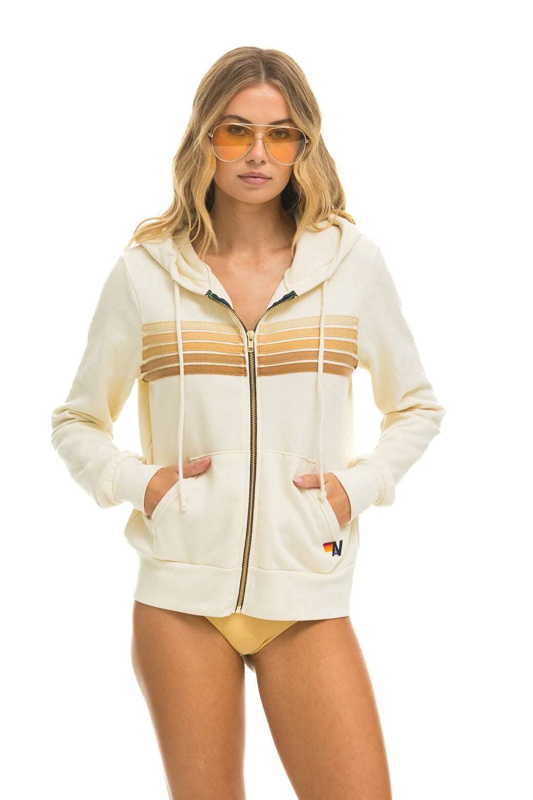 French Style Aviator Nation Women's 5 Stripe Hoodie - Vintage White Tan