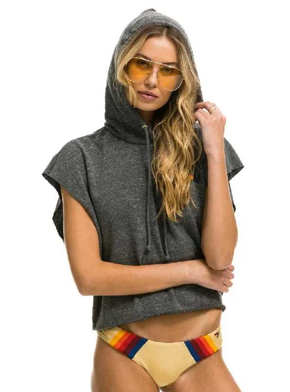 Designer Style Aviator Nation Women's Logo Embroidery Sleeveless Relaxed Cropped Pullover Hoodie - Heather Grey