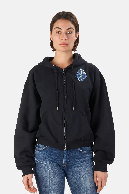 Lace Design Cosmic Trip Crop Zip Hoodie Black