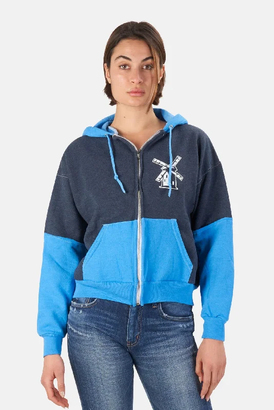 American Style Japanese Windmill Colorblock Crop Hoodie Navy/Sky Blue